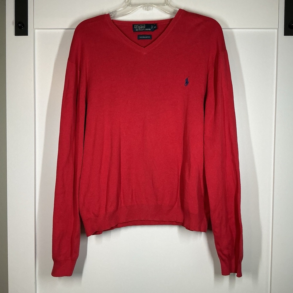 Polo Ralph Lauren Men's Pima Cotton ‎ Red V-Neck Sweater Size L Preppy Holiday